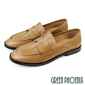 【GREEN PHOENIX】女 樂福鞋 小皮鞋 休閒鞋 便鞋 尖頭 學院風 真皮 復古 平底 EU37 棕色