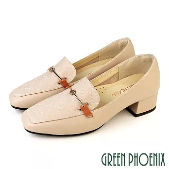 【GREEN PHOENIX】女 樂福鞋 包鞋 跟鞋 粗跟 粗中跟 馬銜釦 全真皮 台灣製 US5 粉紅色
