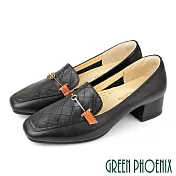 【GREEN PHOENIX】女 樂福鞋 包鞋 跟鞋 粗跟 粗中跟 馬銜釦 全真皮 台灣製 US5.5 黑色