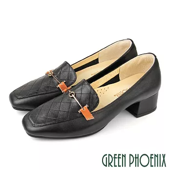 【GREEN PHOENIX】女 樂福鞋 包鞋 跟鞋 粗跟 粗中跟 馬銜釦 全真皮 台灣製 US5.5 黑色