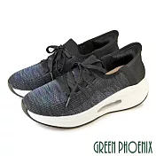 【GREEN PHOENIX】女 懶人鞋 健走鞋 休閒鞋 氣墊 厚底 彈力 透氣 秒穿 襪套式 EU35 黑色