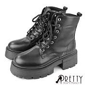 【Pretty】女 馬丁靴 短靴 綁帶靴 厚底 拉鍊 短筒 EU36 黑色