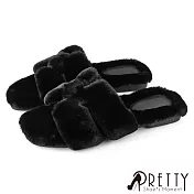 【Pretty】女 拖鞋 毛毛拖鞋 保暖拖鞋 室內拖鞋 絨毛 方頭 EU39 黑色