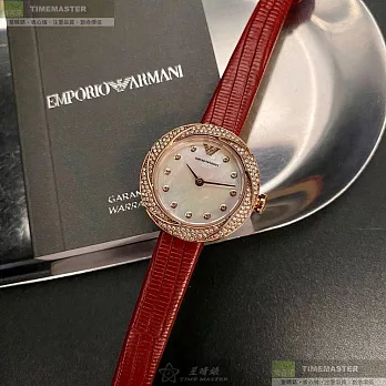 ARMANI阿曼尼精品錶,編號：AR00045,26mm圓形玫瑰金精鋼錶殼貝母錶盤真皮皮革紅錶帶