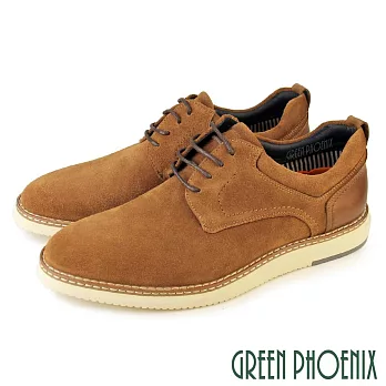 【GREEN PHOENIX】男 休閒鞋 休閒皮鞋 反毛皮 牛麂皮 真皮 綁帶 EU45 棕色