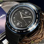 MASERATI瑪莎拉蒂精品錶,編號：R8851110003,46mm圓形黑精鋼錶殼黑色錶盤真皮皮革深黑色錶帶