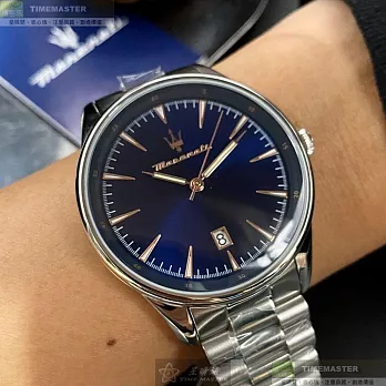 MASERATI瑪莎拉蒂精品錶,編號：R8853146002,46mm圓形銀精鋼錶殼寶藍色錶盤精鋼銀色錶帶