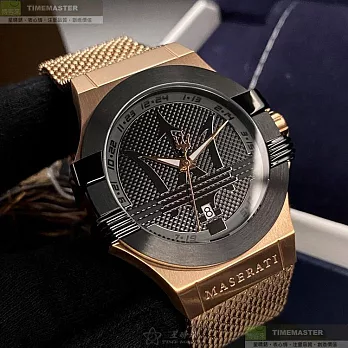 MASERATI瑪莎拉蒂精品錶,編號：R8853108009,42mm六角形玫瑰金精鋼錶殼黑色錶盤米蘭玫瑰金色錶帶