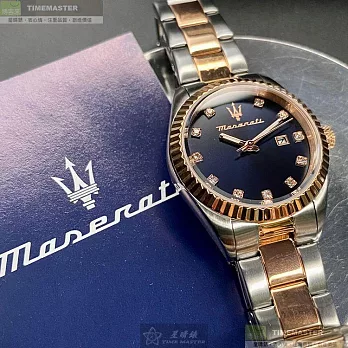 MASERATI瑪莎拉蒂精品錶,編號：R8853100507,32mm圓形玫瑰金精鋼錶殼寶藍色錶盤精鋼金銀相間錶帶