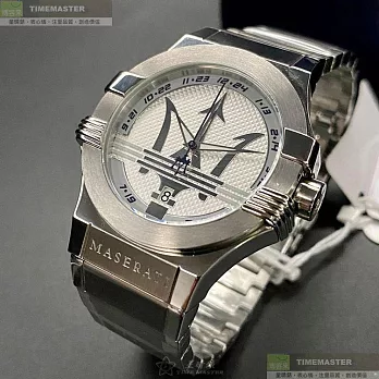 MASERATI瑪莎拉蒂精品錶,編號：R8853108002,42mm六角形銀精鋼錶殼白色錶盤精鋼銀色錶帶