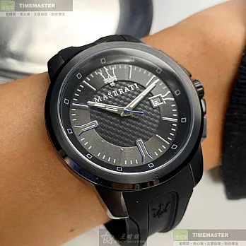 MASERATI瑪莎拉蒂精品錶,編號：R8851123004,44mm圓形黑精鋼錶殼黑色錶盤矽膠深黑色錶帶