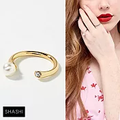SHASHI 紐約品牌 MONA 珍珠白鑽雙墜 C型戒指 925純銀鑲18K金 6號