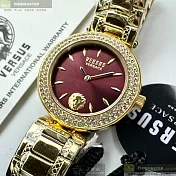 VERSUS VERSACE凡賽斯精品錶,編號：VV00367,36mm圓形金色精鋼錶殼桃紅錶盤精鋼金色錶帶