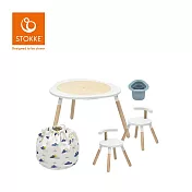 Stokke 挪威 MuTable V2 多功能遊戲桌經典組 (一桌二椅+玩具收納袋-雲朵飄飄+筆筒-藍) - 霜降白