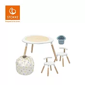 Stokke 挪威 MuTable V2 多功能遊戲桌經典組 (一桌二椅+玩具收納袋-多彩星星+筆筒-藍) - 霜降白