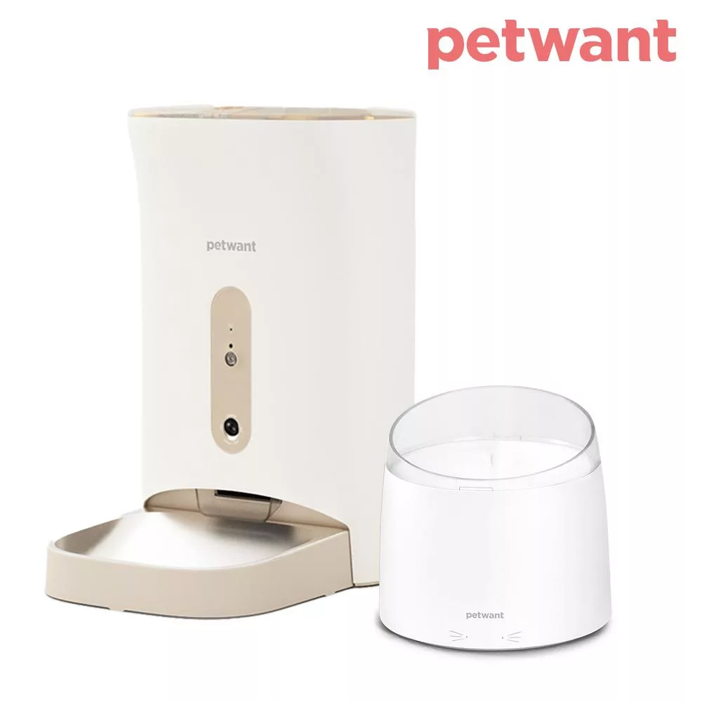 PETWANT 自動寵物餵食器 視訊版+渦流循環寵物活水機-白色