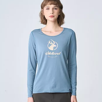 【荒野wildland】女輕能量纖維大圓領印花保暖衣0B12663-69 S 灰藍色