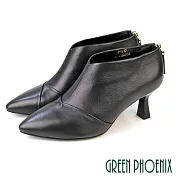 【GREEN PHOENIX】女 踝靴 短靴 高跟 尖頭 小羊皮 真皮 乳膠鞋墊 EU39 黑色