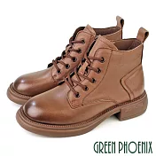 【GREEN PHOENIX】女 短靴 馬丁靴 工程靴 綁帶靴 真皮 JP23.5 棕色