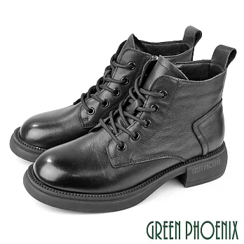 【GREEN PHOENIX】女 短靴 馬丁靴 工程靴 綁帶靴 真皮 JP23 黑色