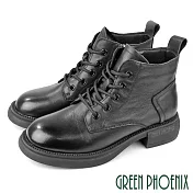 【GREEN PHOENIX】女 短靴 馬丁靴 工程靴 綁帶靴 真皮 JP24 黑色