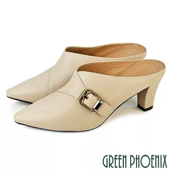 【GREEN PHOENIX】女 穆勒鞋 拖鞋 尖頭 全真皮 高跟 粗跟 台灣製 US8 米色