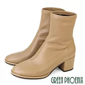 【GREEN PHOENIX】女 短靴 素面 小羊皮 真皮 萊卡 短筒 粗跟 高跟 EU37 棕色