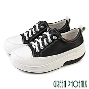 【GREEN PHOENIX】女 休閒鞋 懶人鞋 真皮 免綁鞋帶 輕量彈力厚底 磁石震動 會呼吸的鞋 EU36 黑色