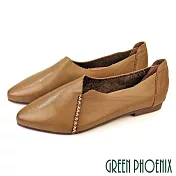 【GREEN PHOENIX】女 娃娃鞋 便鞋 包鞋 懶人鞋 平底 真皮 油蠟牛皮 EU40 卡其色