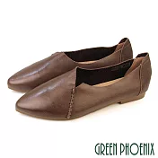 【GREEN PHOENIX】女 娃娃鞋 便鞋 包鞋 懶人鞋 平底 真皮 油蠟牛皮 EU36 咖啡色