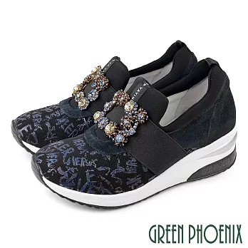 【GREEN PHOENIX】女 休閒鞋 懶人鞋 厚底 水鑽 真皮 牛麂皮 輕量 彈力 EU35 深藍色