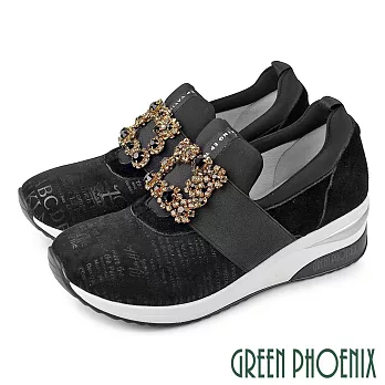 【GREEN PHOENIX】女 休閒鞋 懶人鞋 厚底 水鑽 真皮 牛麂皮 輕量 彈力 EU36 黑色