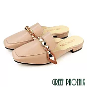【GREEN PHOENIX】女 穆勒鞋 半拖鞋 包頭拖鞋 全真皮 絲巾 鍊釦 牛皮 台灣製 US5 粉紅色