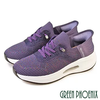 【GREEN PHOENIX】女 健走鞋 休閒鞋 懶人鞋 秒穿滑套 氣墊 厚底 彈力 透氣 襪套式 免綁鞋帶 EU35 紫色