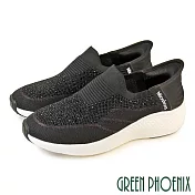 【GREEN PHOENIX】女 健走鞋 休閒鞋 懶人鞋 秒穿滑套 厚底 彈力 透氣 襪套式 EU36 黑色