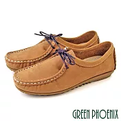 【GREEN PHOENIX】女 休閒鞋 袋鼠鞋 平底鞋 豆豆鞋 全真皮 牛皮 台灣製 US5 梨色