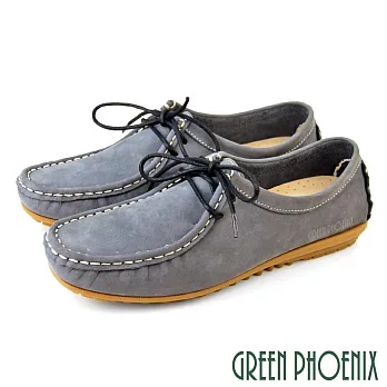 【GREEN PHOENIX】女 休閒鞋 袋鼠鞋 平底鞋 豆豆鞋 全真皮 牛皮 台灣製 US7 藍色