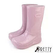 【Pretty】女 雨靴 雨鞋 防水靴 防水鞋 中筒 寬楦 EU36 粉紅色