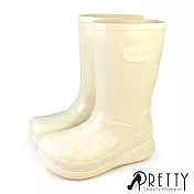 【Pretty】女 雨靴 雨鞋 防水靴 防水鞋 中筒 寬楦 EU36 米色