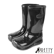 【Pretty】女 雨靴 雨鞋 防水靴 防水鞋 中筒 寬楦 EU38 黑色