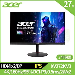 Acer XV272K V3 27型HDR電競螢幕(4K，160Hz，0.5ms，IPS，HDMI，DP，2Wx2)