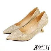 【Pretty】女 高跟鞋 新娘鞋 婚鞋 宴會鞋 包鞋 尖頭 金蔥 水鑽 高跟 細跟 JP23.5 金色