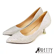 【Pretty】女 高跟鞋 新娘鞋 婚鞋 宴會鞋 包鞋 尖頭 金蔥 水鑽 高跟 細跟 JP23.5 銀色