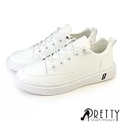 【Pretty】男 休閒鞋 板鞋 懶人鞋 皮革 免綁帶 彈性鞋帶 直套式 EU41 白色