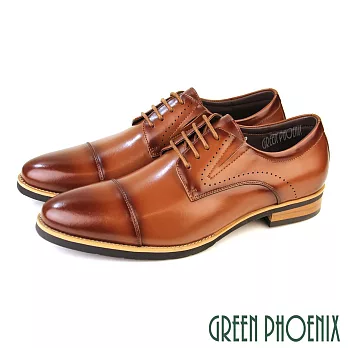 【GREEN PHOENIX】男 紳士鞋 商務鞋 德比鞋 皮鞋 綁帶 全真皮 牛皮 渲染 橫飾 EU38 棕色