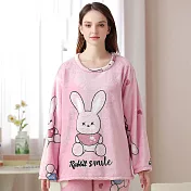 【Wonderland】水貂絨長袖保暖睡衣褲家居服 XL 兔子微笑(粉色)