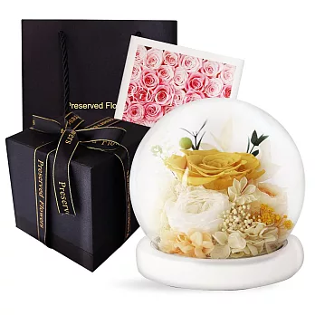 O’Pretty 歐沛媞 心意滿分 永生花祝福玻璃罩附氛圍燈+禮盒-多款可選 黃玫瑰