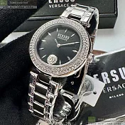 VERSUS VERSACE凡賽斯精品錶,編號：VV00390,34mm圓形銀精鋼錶殼黑色錶盤精鋼銀色錶帶