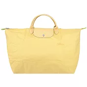 LONGCHAMP LE PLIAGE GREEN系列刺繡短把再生尼龍摺疊旅行袋(小) 小麥黃