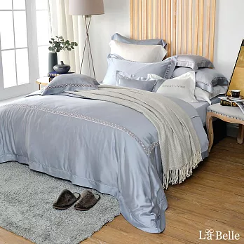 義大利La Belle《法式雅靜》加大天絲蕾絲四件式防蹣抗菌吸濕排汗兩用被床包組(共兩款)-藍灰色